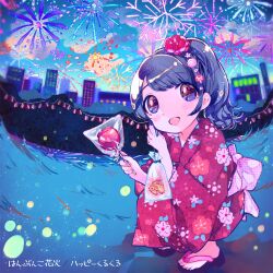 Rule 34 | 1girl, :d, album cover, bag, bagged fish, blue eyes, candy apple, city, commentary request, cover, fireworks, fish, fisheye, floral print kimono, food, full body, goldfish, hair ornament, happy kuru kuru, holding, holding food, japanese clothes, kiato, kimono, lantern, long hair, long sleeves, looking at viewer, night, night sky, open mouth, outdoors, paper lantern, ponytail, red kimono, sandals, sky, smile, solo, song name, squatting, wide sleeves, yukata