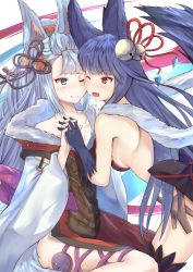 Rule 34 | 2girls, animal ears, blue hair, breasts, cheek-to-cheek, closed mouth, granblue fantasy, heads together, highres, holding hands, long hair, looking at viewer, multiple girls, one eye closed, open mouth, purple hair, rain yadori, simple background, societte (granblue fantasy), yuel (granblue fantasy)