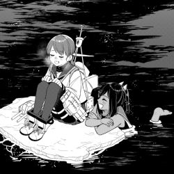 Rule 34 | 2girls, adapted turret, barefoot, closed eyes, collared shirt, commentary request, greyscale, hair ornament, hairclip, i-401 (kancolle), kantai collection, loafers, long hair, low twintails, machinery, monochrome, multiple girls, ocean, open mouth, parted bangs, partially submerged, pleated skirt, ponytail, rigging, school swimsuit, school uniform, serafuku, shirayuki (kancolle), shirt, shoes, short hair, side-tie shirt, sidelocks, skirt, sleeveless, sleeveless shirt, smokestack, swimsuit, tan, tanaka io (craftstudio), thighhighs, torpedo launcher, twintails