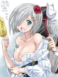 Rule 34 | 10s, 1girl, aqua eyes, blush, breasts, commentary request, corn, corn cob, flower, food, hair flower, hair ornament, hair over one eye, hairclip, hamakaze (kancolle), japanese clothes, kantai collection, kimono, large breasts, machinery, one-hour drawing challenge, open mouth, short hair, silver hair, simple background, solo focus, tsuwabuki-san, yukata