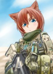 Rule 34 | 1girl, animal ears, assault rifle, blue eyes, cat ears, didloaded, eotech, gun, h&amp;k g36, load bearing vest, military, military operator, military uniform, open mouth, original, radio, red hair, rifle, scarf, short hair, uniform, weapon