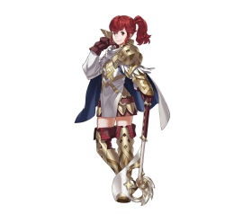 Rule 34 | 1girl, absurdres, anna (fire emblem), armor, axe, belt, boots, cape, female focus, fire emblem, fire emblem heroes, full body, gloves, highres, kozaki yuusuke, looking at viewer, matching hair/eyes, nintendo, official art, ponytail, red eyes, red hair, scale armor, simple background, skirt, smile, solo, standing, thigh boots, thighhighs, weapon, white background, white cape, zettai ryouiki