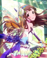 Rule 34 | 10s, 1girl, blush, bow, bridal gauntlets, brown eyes, brown hair, fairy wings, hairband, idolmaster, idolmaster million live!, long hair, looking back, musical note, official art, over shoulder, skirt, stage, stage lights, sword, tanaka kotoha, weapon, wings