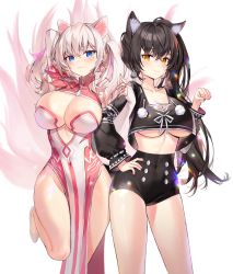 Rule 34 | 2girls, :3, absurdres, animal ear fluff, animal ears, arm up, arm warmers, bare shoulders, black hair, black shirt, black shorts, blue eyes, breasts, cat ears, check copyright, cleavage, collarbone, commission, contrapposto, copyright request, covered navel, crop top, crop top overhang, dress, earrings, extra ears, flats, hand on own hip, hand up, high-waist shorts, highres, huge filesize, hyoin, jewelry, large breasts, leg up, locked arms, long hair, long sleeves, looking at viewer, midriff, mole, mole under eye, multiple girls, orange eyes, original, paw pose, pelvic curtain, pink dress, puffy sleeves, revealing clothes, shirt, short shorts, shorts, side ponytail, silver hair, sleeveless, sleeveless dress, smile, standing, standing on one leg, thighs, twintails, underboob, very long hair
