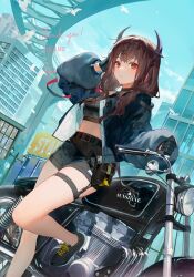 Rule 34 | 1girl, absurdres, arm up, bare legs, belt, belt pouch, black footwear, black gloves, black jacket, black shirt, black shorts, breasts, brown hair, commission, crop top, day, dutch angle, gloves, hair ornament, hairclip, highres, horns, jacket, long hair, long sleeves, looking at viewer, midriff, motor vehicle, motorcycle, open clothes, open jacket, original, outdoors, pe902, pouch, puffy sleeves, red eyes, shirt, shoes, short shorts, shorts, skeb commission, sleeveless, sleeveless shirt, small breasts, smile, solo, thigh strap, thighs