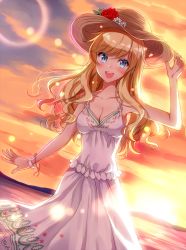 Rule 34 | 1girl, :d, arm up, armpits, backlighting, bare arms, bare shoulders, blonde hair, blush, breasts, brown hat, cleavage, cloud, dress, evening, feet out of frame, flower, frilled dress, frills, hand on headwear, hat, hat flower, idolmaster, idolmaster cinderella girls, lens flare, long hair, looking at viewer, medium breasts, mountainous horizon, ohtsuki yui, open mouth, orange sky, round teeth, sky, sleeveless, sleeveless dress, smile, solo, standing, sun hat, sunlight, sunset, teeth, water, wavy hair, white dress, wristband, yukiya (shiya)
