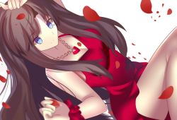 Rule 34 | 1girl, arm up, blue eyes, breasts, brown hair, cleavage, collarbone, dress, fate/stay night, fate (series), highres, jewelry, long hair, medium breasts, necklace, paperfinger, petals, red dress, short dress, simple background, sleeveless, sleeveless dress, smile, solo, tohsaka rin, very long hair, white background, wrist cuffs