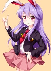 Rule 34 | 1girl, animal ears, black jacket, blazer, buttons, carrot, closed mouth, collared shirt, cowboy shot, crescent, crescent pin, hair between eyes, highres, index finger raised, jacket, long hair, long sleeves, looking at viewer, necktie, pink skirt, pleated skirt, purple hair, rabbit ears, red eyes, red necktie, reisen udongein inaba, ruu (tksymkw), shirt, simple background, skirt, smile, solo, standing, touhou, white shirt, yellow background