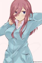 Rule 34 | 1girl, blue cardigan, blue eyes, breasts, brown background, brown hair, cardigan, closed mouth, collarbone, collared shirt, commentary request, eyes visible through hair, go-toubun no hanayome, hair between eyes, hands in hair, hands up, long hair, long sleeves, looking at viewer, medium breasts, nakano miku, shirt, simple background, solo, tasora, twitter username, upper body, white shirt