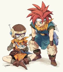 Rule 34 | 1boy, 1girl, artist name, bad id, bad twitter id, bag, bandana, belt, bike shorts, black-framed eyewear, black belt, black footwear, black shirt, black shorts, blue eyes, blue tunic, boots, bracer, brown belt, brown headwear, butterfly sitting, carrying, chrono trigger, commentary, crono (chrono trigger), glasses, grey shirt, grin, hands on own knees, headband, headset, helmet, holding, holding screwdriver, hosodayo, katana, leaning forward, long sleeves, looking at another, lucca ashtear, model spacecraft, one eye closed, open mouth, orange bandana, orange tunic, pants, pouch, purple hair, red hair, satchel, screwdriver, shirt, short hair, short sleeves, shorts, signature, sitting, smile, spiked hair, standing, sword, symbol-only commentary, weapon, white headband, white pants