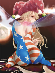 Rule 34 | 1girl, american flag, american flag print, ass, back, backless outfit, blonde hair, bodysuit, brown eyes, closed mouth, clownpiece, fairy wings, flag print, from behind, full body, hair between eyes, hair over shoulder, hat, hi-yo, highres, jester cap, leotard, long hair, looking at viewer, looking back, looking to the side, pantyhose, pantylines, profile, red eyes, sitting, skin tight, smile, solo, star (symbol), star print, touhou, v, w, wariza, wings