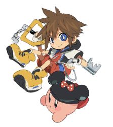 Rule 34 | 1boy, :o, blue eyes, brown hair, chain, chibi, cosplay, cropped jacket, fingerless gloves, gloves, holding, holding weapon, hood, hooded jacket, jacket, jewelry, jumpsuit, keyblade, kingdom hearts, kirby, kirby (series), male focus, messy hair, mickey mouse ears, minnie mouse, minnie mouse (cosplay), necklace, nintendo, nt 26, open clothes, open jacket, over shoulder, red jumpsuit, shoes, short hair, short jumpsuit, short sleeves, smile, sora (kingdom hearts), super smash bros., weapon, weapon over shoulder, white background, white gloves, white jacket, yellow footwear