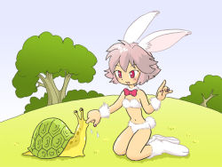 Rule 34 | animal ears, blush, rabbit ears, bunny feet, rabbit tail, finger in mouth, finger sucking, outdoors, pukao, red eyes, smile, snail, tail