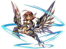 Rule 34 | 1girl, ahoge, bandages, breasts, brown hair, cameltoe, claws, covered erect nipples, cyborg, flying, full body, harpy, head wings, key-chang, mechanical legs, mechanical wings, monster girl, navel, open mouth, original, red eyes, scar, simple background, slit pupils, solo, underboob, white background, winged arms, wings