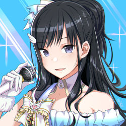 Rule 34 | 1girl, alcoholrang, black eyes, black hair, blush, dress, gloves, hair ornament, idolmaster, idolmaster shiny colors, kazano hiori, long hair, looking at viewer, microphone, mole, mole under mouth, parted lips, ponytail, smile, solo, white gloves