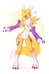 Rule 34 | ancesra, animal ears, animal feet, animal hands, animal nose, black sclera, blue eyes, blush, body fur, body markings, breasts, claws, cleft of venus, colored sclera, detached sleeves, digimon, digimon (creature), fluffy, fox ears, fox girl, fox tail, heart, highres, looking to the side, nipples, pussy, renamon, small breasts, smile, standing, tail, white fur, yellow fur, yin yang