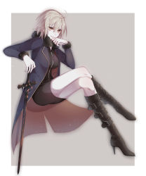 Rule 34 | 1girl, absurdres, ahoge, black dress, black footwear, boots, breasts, crossed legs, dress, fate/grand order, fate (series), full body, grey background, hair between eyes, hands on hilt, high heel boots, high heels, highres, idass (idass16), invisible chair, jeanne d&#039;arc (fate), jeanne d&#039;arc alter (avenger) (fate), jeanne d&#039;arc alter (fate), knee boots, large breasts, parted lips, short dress, short hair, silver hair, sitting, smile, solo, sword, weapon, yellow eyes