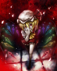 Rule 34 | 1girl, ascot, bad id, bad pixiv id, blonde hair, covering own mouth, detached wings, flandre scarlet, grin, hat, red eyes, short hair, side ponytail, skirt, skirt set, smile, solo, sudako (dai011305), touhou, walking, wings