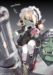 Rule 34 | 1boy, 1girl, black bow, black dress, black footwear, black hairband, blonde hair, blush, bow, closed mouth, colored skin, commentary request, dress, english text, fangs, flower, frilled hairband, frills, gatling gun, gradient background, green skin, grey background, hair bow, hair flower, hair ornament, hairband, highres, juliet sleeves, long sleeves, low twintails, orc, ork (warhammer), pantyhose, puffy sleeves, red flower, red rose, rose, saru, shoes, short twintails, sticker, stuffed animal, stuffed toy, tally, twintails, twitter username, warhammer 40k, white pantyhose