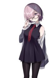 Rule 34 | 1girl, absurdres, bare shoulders, black dress, black pantyhose, blush, breasts, commentary request, dress, fate/grand order, fate (series), glasses, grey jacket, hair over one eye, highres, jacket, kimio-j, large breasts, long sleeves, looking at viewer, mash kyrielight, multicolored clothes, multicolored jacket, pantyhose, purple eyes, purple hair, red neckwear, short hair, simple background, smile, solo, two-sided fabric, two-sided jacket, two-tone jacket, white background, white jacket