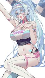 Rule 34 | 1girl, absurdres, antenna hair, arm strap, arm up, armpits, bare shoulders, blue eyes, blue hair, breasts, choker, cleavage, commission, crop top, garter straps, hair intakes, hand on own chest, hand up, highleg, highres, large breasts, long hair, looking at viewer, mell (dmwe3537), micro shorts, midriff, navel, open mouth, original, panty straps, pink choker, ponytail, race queen, shirt, shorts, simple background, skindentation, sleeveless, sleeveless shirt, smile, solo, star (symbol), stomach, thighhighs, thighs, very long hair, visor cap, white background, white shirt, white shorts, white thighhighs, zipper pull tab