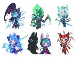 Rule 34 | 2boys, 4girls, :d, animal ears, arthropod limbs, black gloves, black hair, black hoodie, black thighhighs, blush, cat boy, cat ears, cat girl, cat tail, drill hair, elbow gloves, elise (league of legends), fang, full body, gloves, green hair, grey hair, gwen (league of legends), hand up, highres, holding, holding lamp, holding polearm, holding scythe, holding weapon, hood, hood up, hoodie, kalista, knol (flowrmosh), league of legends, long hair, looking at viewer, medium hair, multiple boys, multiple girls, open mouth, polearm, red eyes, red hair, scythe, shoes, short hair, simple background, smile, spear, standing, tail, thighhighs, thresh (league of legends), triangle mouth, twin drills, twintails, very long hair, vex (league of legends), vex shadow (league of legends), viego (league of legends), weapon, white background, white hair