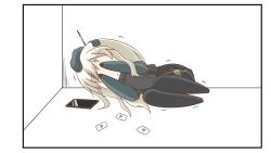 Rule 34 | 1girl, blonde hair, bodysuit, chibi, commentary request, covering own eyes, fetal position, garrison cap, gift card, google play, grey bodysuit, grey hat, hat, highres, kantai collection, long hair, lying, nanakusa suzuna, on side, solo, tablet pc, u-511 (kancolle)