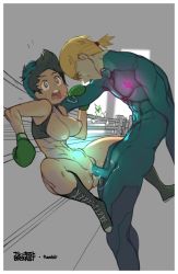 Rule 34 | 1boy, 1girl, bad id, bad tumblr id, blonde hair, boots, bottomless, boxing gloves, boxing ring, breasts, breasts out, brekkist, cleft of venus, commentary, cross-laced footwear, fucked silly, genderswap, genderswap (ftm), genderswap (mtf), glowing, heart, hetero, highres, inverted nipples, lace-up boots, large penis, little mac, medium breasts, metroid, mouth guard, muscular, nintendo, nipples, open mouth, penis, punch-out!!, saliva, samus aran, sex, short ponytail, stomach bulge, super smash bros., sweat, uncensored, vaginal, zero suit