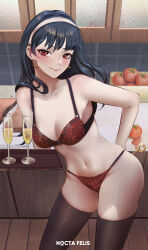 Rule 34 | 1girl, absurdres, arm behind back, bare shoulders, black hair, blush, bra, breasts, brown thighhighs, cleavage, closed mouth, collarbone, contrapposto, cooking, cup, drinking glass, earrings, food, glint, gold earrings, hairband, highres, holding, holding plate, holding tray, jewelry, kitchen, leaning forward, long hair, looking at viewer, medium breasts, navel, nocta felis, panties, plate, red bra, red eyes, red panties, smile, solo, spy x family, stomach, thighhighs, tomato, tray, underwear, underwear only, utensil, weapon behind back, white hairband, yor briar