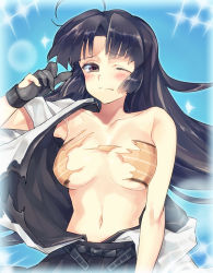 Rule 34 | 10s, 1girl, ahoge, bad id, bad pixiv id, bandeau, black hair, blush, breasts, brown eyes, gloves, japanese clothes, kantai collection, large breasts, long hair, looking at viewer, navel, off shoulder, one eye closed, partially fingerless gloves, partly fingerless gloves, shouhou (kancolle), single bare shoulder, single glove, skirt, solo, sparkle, taki (nakochan), torn clothes, wince, yugake