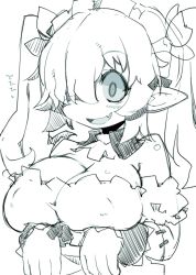 Rule 34 | 1girl, :d, absurdres, bare shoulders, breasts, cleavage, detached collar, disgaea, fang, greyscale, hair over one eye, highres, large breasts, long sleeves, maid, maid (disgaea), makai senki disgaea 5, monochrome, open mouth, pointy ears, smile, solo, twintails, upper body, wide-eyed, zankuro, zombie