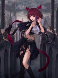 Rule 34 | 1girl, asymmetrical legwear, black legwear, black skirt, building, capelet, claw pose, cloud, cloudy sky, crop top, dusk, gold trim, hands up, highres, horns, jname, looking at viewer, midriff, multicolored hair, nail polish, open mouth, original, outdoors, pointy ears, red eyes, red hair, red nails, short hair, skirt, sky, smile, solo, standing, streaked hair, thighs, torn clothes, torn legwear, torn skirt, uneven legwear