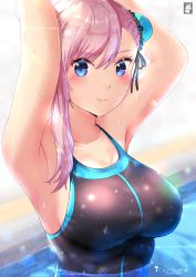Rule 34 | 1girl, armpits, arms behind head, arms up, artist name, asymmetrical hair, bare shoulders, blue eyes, blush, breasts, bun cover, chinchongcha, closed mouth, collarbone, commentary request, competition swimsuit, fate/grand order, fate (series), hair between eyes, hair bun, highres, large breasts, long hair, looking at viewer, miyamoto musashi (fate), miyamoto musashi (fate/grand order), miyamoto musashi (swimsuit berserker) (fate), miyamoto musashi (swimsuit berserker) (first ascension) (fate), one-piece swimsuit, partially submerged, pink hair, single hair bun, smile, solo, swimsuit, upper body, water, wet