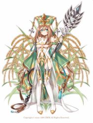 Rule 34 | 1girl, arm warmers, blue eyes, boots, breasts, brown hair, cape, closed mouth, flower knight girl, full body, green eyes, green hat, hat, hattori masaki, holding, holding staff, long hair, looking at viewer, multicolored eyes, name connection, object namesake, official art, simple background, smile, solo, staff, standing, symbol-shaped pupils, thigh boots, thighhighs, touka (flower knight girl), underboob, white background, white footwear