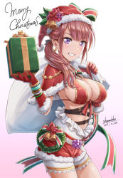 Rule 34 | 1girl, 2016, bad id, bad pixiv id, bangle, beads, bell, belt, bikini, bikini top only, blush, bow, bowtie, box, bracelet, breasts, capelet, carrying over shoulder, christmas, cleavage, cowboy shot, dated, earrings, english text, eyelashes, flower, frills, from side, fur trim, gift, gift box, gloves, gradient hair, grin, hair over shoulder, hat, hat bow, highres, holding, jewelry, lace trim, lipstick, long hair, looking at viewer, low ponytail, makeup, medium breasts, merry christmas, multicolored hair, original, pink background, poinsettia, purple eyes, red bikini, red gloves, red hat, red ribbon, red shorts, ribbon, sack, santa costume, santa hat, shamakho, shorts, shorts under shorts, side ponytail, sideboob, signature, smile, solo, star (symbol), star earrings, stomach, striped bow, striped bowtie, striped clothes, striped neckwear, striped ribbon, swimsuit, white background