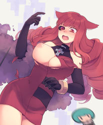 Rule 34 | 1girl, animal ears, artificial eye, blush, breasts, cat ears, dress, drill hair, elbow gloves, falling, gloves, large breasts, long hair, mechanical eye, motion blur, nipples, open mouth, red eyes, red hair, sei asagiri, solo, stella hoshii, torn clothes, va-11 hall-a, y (35504109)