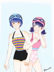 Rule 34 | 2girls, black one-piece swimsuit, blue eyes, blue hair, blush, breasts, brown eyes, color connection, freckles, goggles, goggles on head, grin, hair color connection, hand on own face, highres, kagami tsurugi, kamokuash, locked arms, marinette dupain-cheng, matching headwear, miraculous ladybug, multiple girls, one-piece swimsuit, pink one-piece swimsuit, polka dot, polka dot swimsuit, print swimsuit, shoulder blush, smile, striped clothes, striped one-piece swimsuit, swim cap, swimsuit, yuri