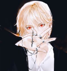 Rule 34 | 1other, androgynous, black background, black suit, blonde hair, chain, covered mouth, crystal earrings, earrings, formal, highres, hunter x hunter, jewelry, kurapika, long sleeves, looking at viewer, nen (hunter x hunter), red eyes, ring, shirt, short hair, shouka (ly880217), simple background, solo, suit, thumb ring, upper body, white shirt