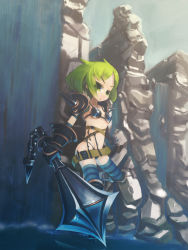 Rule 34 | 1girl, armor, bikini, bikini armor, blue thighhighs, boots, breasts, canyon, color 73, female focus, full body, gloves, green eyes, green hair, matching hair/eyes, original, outdoors, pauldrons, short hair, shoulder armor, sky, small breasts, solo, striped clothes, striped thighhighs, swimsuit, sword, thighhighs, water, waterfall, weapon