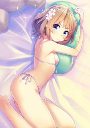 Rule 34 | 10s, 1girl, ahoge, barefoot, bikini, blue eyes, blush, breasts, brown hair, commentary request, flower, from above, frown, hair flower, hair ornament, idolmaster, idolmaster million live!, looking at viewer, looking up, lying, micro bikini, midori555, hugging object, on side, petite, pillow, pillow hug, short hair, side-tie bikini bottom, sideboob, small breasts, solo, suou momoko, swimsuit, yellow bikini
