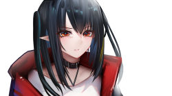 Rule 34 | 1girl, arknights, bad id, bad pixiv id, binggong asylum, black choker, black hair, choker, closure (arknights), commentary request, halterneck, highres, jacket, long hair, long sleeves, looking at viewer, open clothes, open jacket, orange eyes, parted lips, pointy ears, shirt, simple background, solo, upper body, white background, white shirt