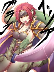 Rule 34 | 1girl, animal ears, armor, breasts, cape, character name, cleavage, collarbone, commentary request, dragon ears, dragon girl, facial tattoo, fangs, fins, granberia, hair ornament, highres, holding, holding sword, holding weapon, large breasts, looking at viewer, mon-musu quest!, monster girl, open mouth, pointy ears, purple cape, raichi (ddq0246), red hair, scales, short hair, shoulder armor, simple background, solo, sword, tail, tattoo, teeth, tongue, two-handed, two-handed sword, upper teeth only, weapon, white background, yellow eyes