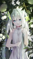 Rule 34 | 1girl, aqua eyes, aqua hair, blurry, blurry foreground, commentary, depth of field, dress, flower, hatsune miku, highres, holding, holding hair, jun (sky ia 127 snow), long hair, looking at viewer, parted lips, plant, sleeveless, sleeveless dress, solo, twintails, upper body, very long hair, vocaloid, water drop, wet, wet hair, white dress, white flower