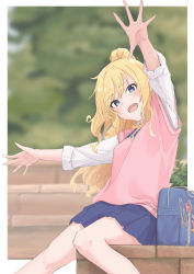 Rule 34 | 1girl, absurdres, bag, blonde hair, blue eyes, blue skirt, blurry, blurry background, blush, brick, feet out of frame, highres, idolmaster, idolmaster cinderella girls, looking at viewer, ohtsuki yui, outdoors, outstretched arms, pink vest, ponytail, ryus, school bag, shirt, sitting, skirt, smile, solo, vest, white shirt