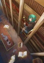 Rule 34 | 1girl, bad id, bad twitter id, book, bookshelf, capelet, erubo, floating, floating book, floating object, green eyes, green hair, hair ornament, hairclip, library, magic, matching hair/eyes, mundane utility, original, short hair, sitting, smile, solo, wand, witch