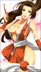 Rule 34 | 1girl, bad id, bad pixiv id, bare shoulders, breasts, brown eyes, brown hair, cleavage, folded fan, covered erect nipples, hand fan, fatal fury, folding fan, hamu (artist), large breasts, long hair, open mouth, pelvic curtain, ponytail, revealing clothes, shiranui mai, smile, snk, solo, the king of fighters