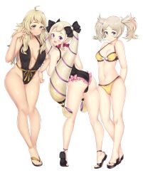 Rule 34 | 3girls, absurdres, alternate costume, ass, bikini, black one-piece swimsuit, black slingshot swimsuit, blonde hair, blue eyes, breasts, cameltoe, center opening, cleavage, cleft of venus, color connection, commission, commissioner upload, elise (fire emblem), elise (summer) (fire emblem), female focus, fire emblem, fire emblem fates, grandmother and granddaughter, high heels, highres, large breasts, lissa (fire emblem), medium breasts, multiple girls, nabunabu, navel, nintendo, non-web source, official alternate costume, one-piece swimsuit, ophelia (fire emblem), partially visible vulva, purple eyes, short twintails, slingshot swimsuit, swimsuit, thighs, trait connection, twintails, yellow bikini