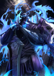 Rule 34 | 1boy, armor, aura, black cloak, blue eyes, cloak, cloud, cloudy sky, crack, fake horns, fate/grand order, fate (series), full armor, gauntlets, glowing, glowing eyes, hands on hilt, helmet, highres, horned helmet, horns, king hassan (fate), light trail, looking at viewer, male focus, mask, outdoors, pauldrons, shoulder armor, skull mask, sky, solo, spikes, standing, sword, teeth, torn clothes, untue, weapon