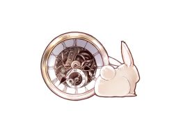 Rule 34 | rabbit, clock hands, commentary request, from behind, gears, no humans, original, pocket watch, roman numeral, shunsuke, simple background, watch, white background