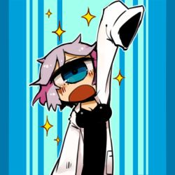 Rule 34 | 1girl, arm up, blue eyes, blush, breasts, cyclops, lab coat, light purple hair, long sleeves, looking at viewer, lowres, masha, one-eyed, open mouth, original, solo, sparkle, upper body, wide sleeves